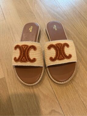 Celine Tan Woven Slide Sandals with Brown Logo